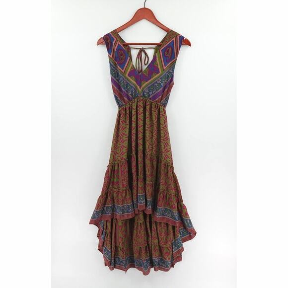 Lovin India Boho Dress XS Purple Paisley Tiered Plunged Hi-Low Midi Festival - Picture 1 of 15